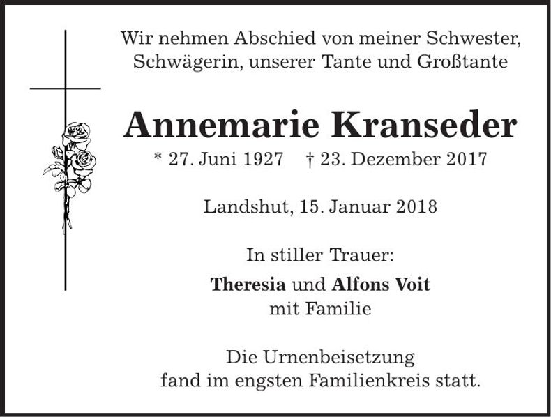 Traueranzeige Annemarie Kranseder
