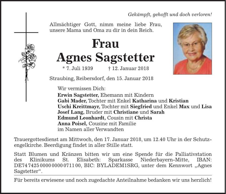 Traueranzeige Agnes Sagstetter
