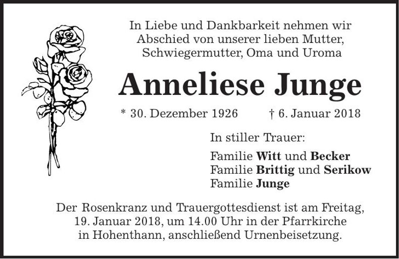 Traueranzeige Anneliese Junge