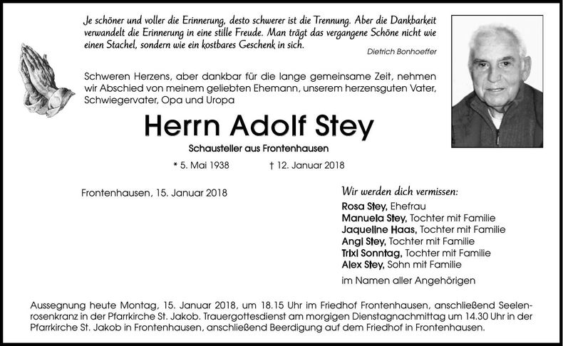 Traueranzeige Adolf Stey
