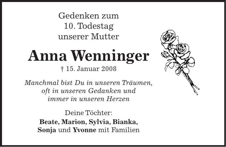 Traueranzeige Anna Wenninger