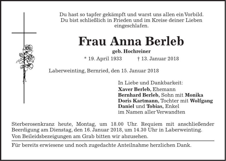 Traueranzeige Anna Berleb
