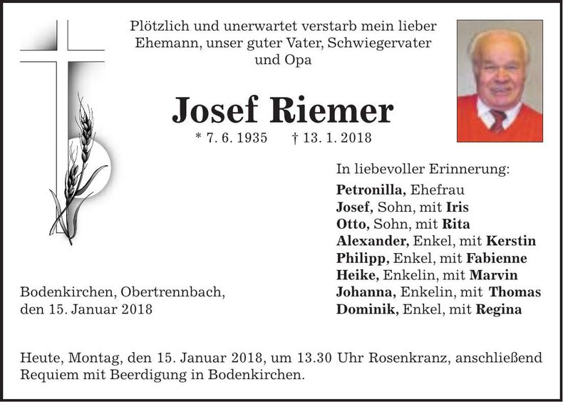 Traueranzeige Josef Riemer