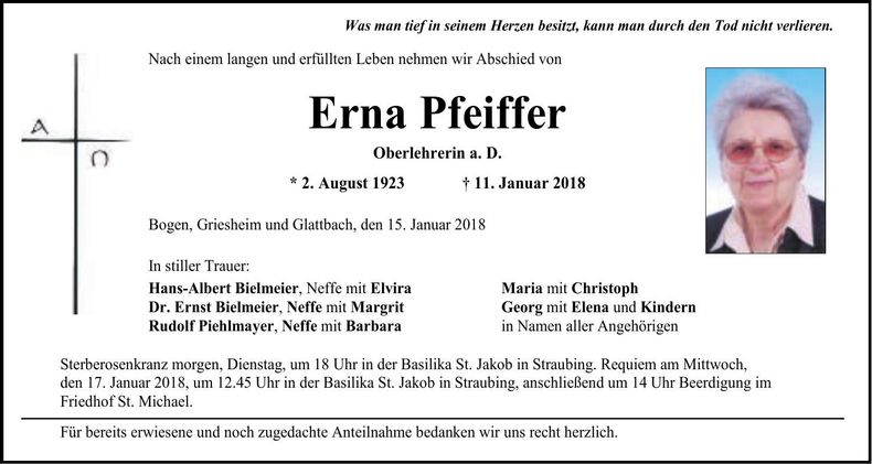 Traueranzeige Erna Pfeiffer