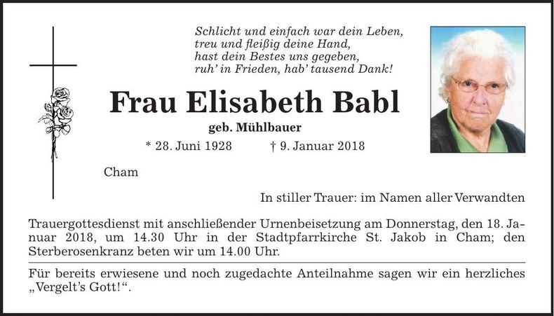 Traueranzeige Elisabeth Babl
