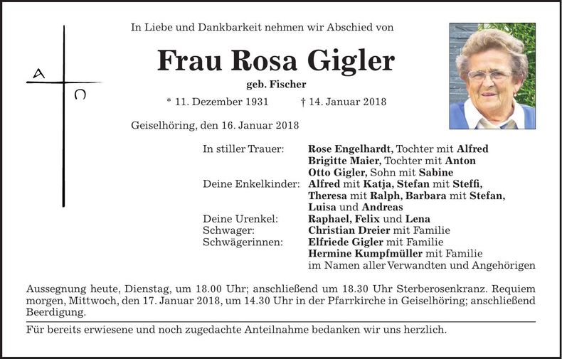 Traueranzeige Rosa Gigler