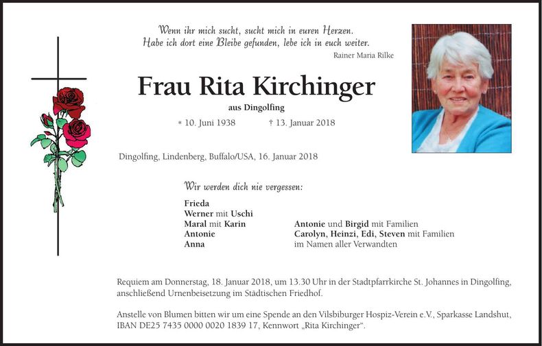 Traueranzeige Rita Kirchinger