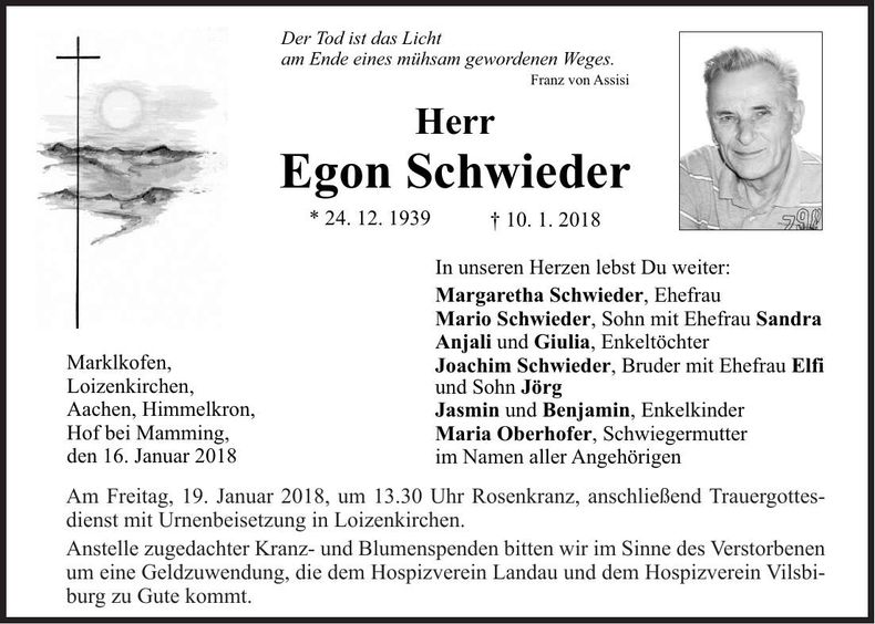 Traueranzeige Egon Schwieder