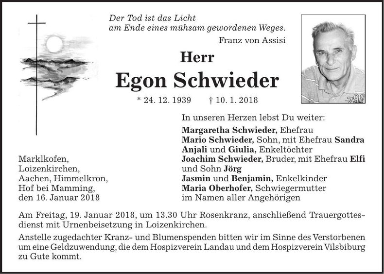 Traueranzeige Egon Schwieder