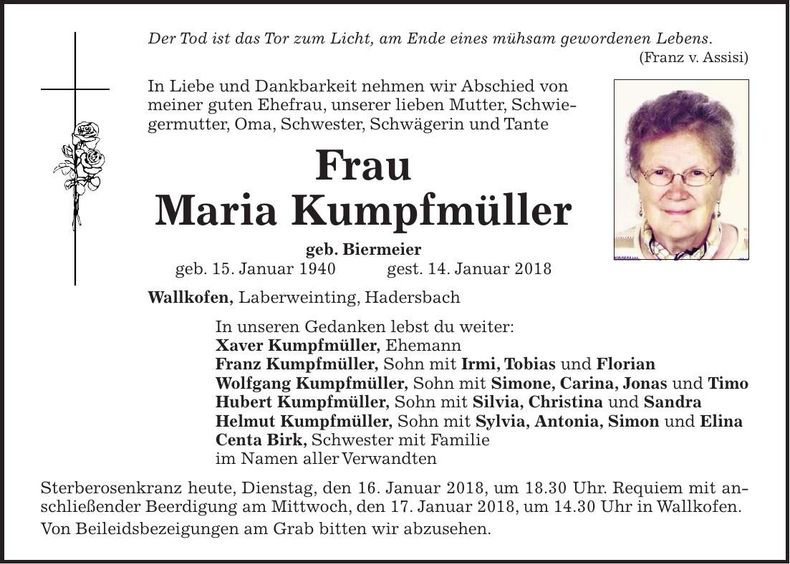 Traueranzeige Maria Kumpfmüller