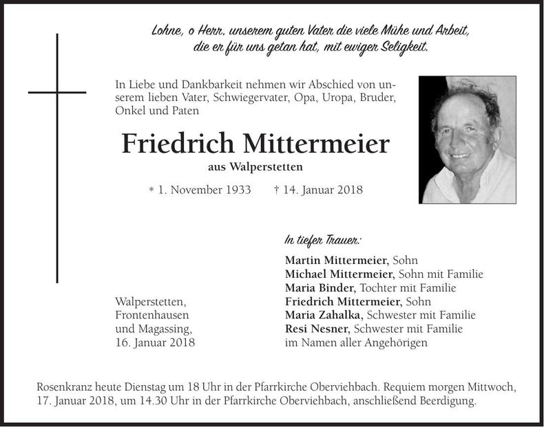 Traueranzeige Friedrich Mittermeier