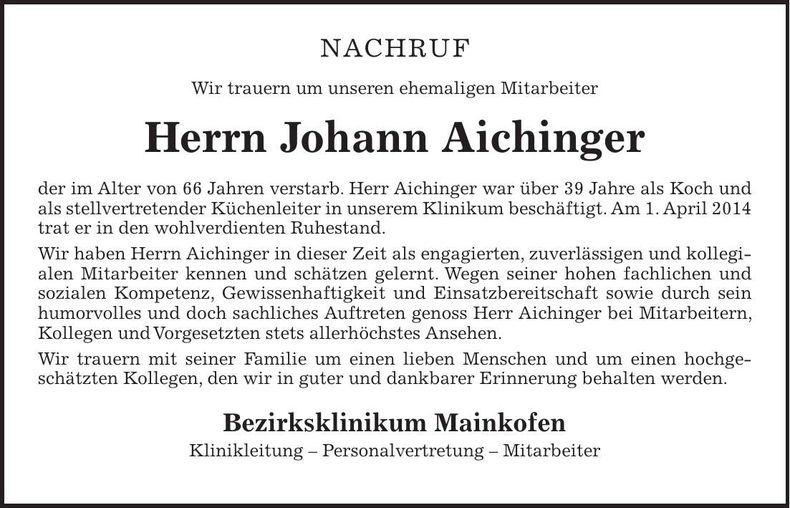 Traueranzeige Johann Aichinger