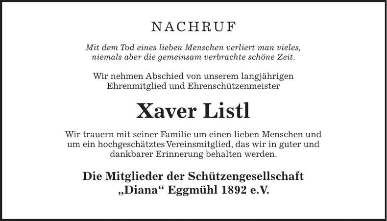 Traueranzeige Xaver Listl
