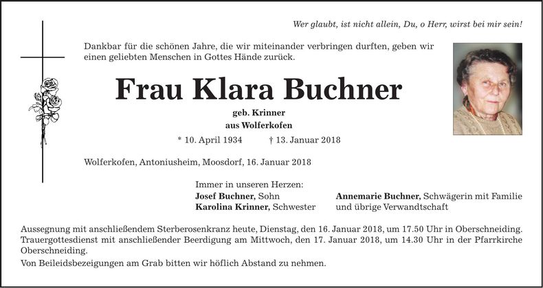 Traueranzeige Klara Buchner