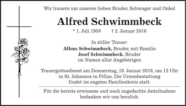 Traueranzeige Alfred Schwimmbeck