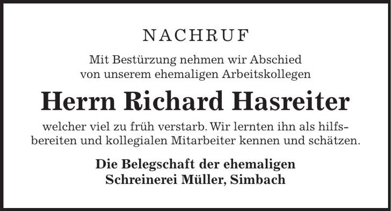 Traueranzeige Richard Hasreiter