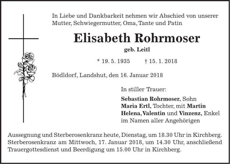 Traueranzeige Elisabeth Rohrmoser