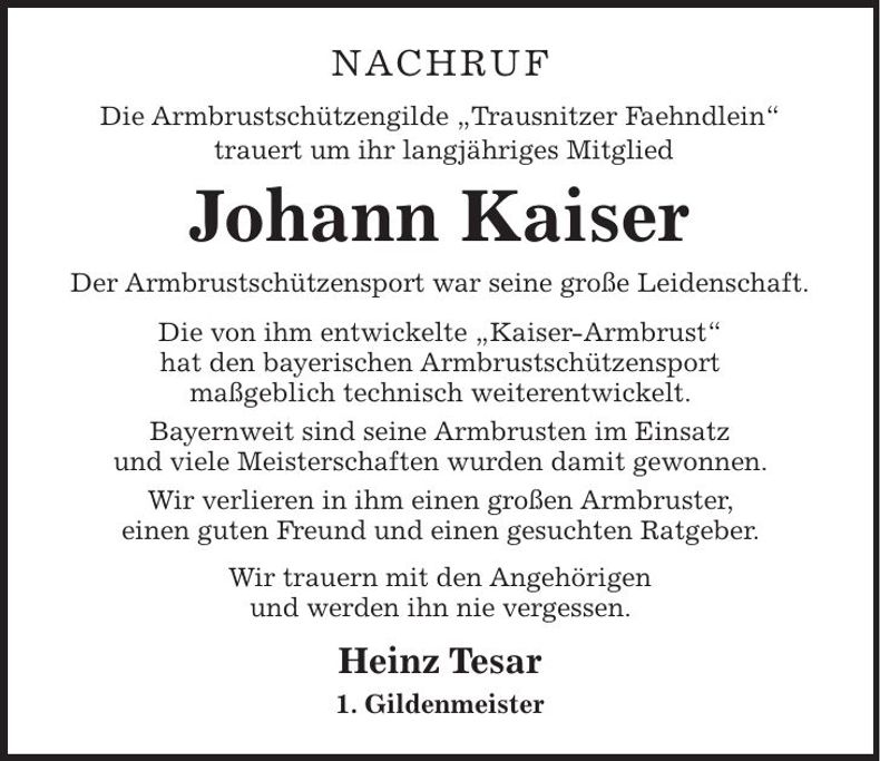 Traueranzeige Johann Kaiser