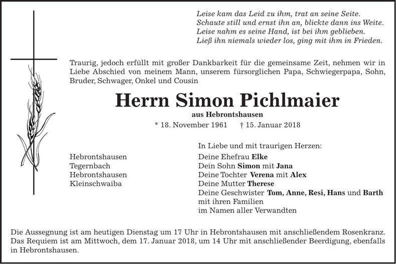 Traueranzeige Simon Pichlmaier