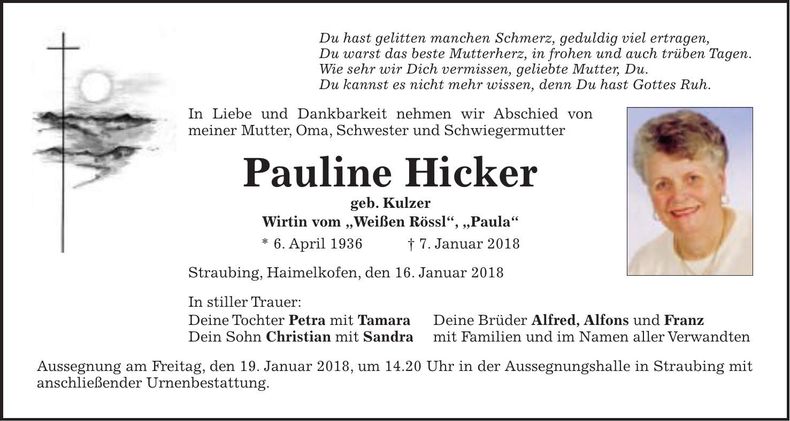 Traueranzeige Pauline Hicker