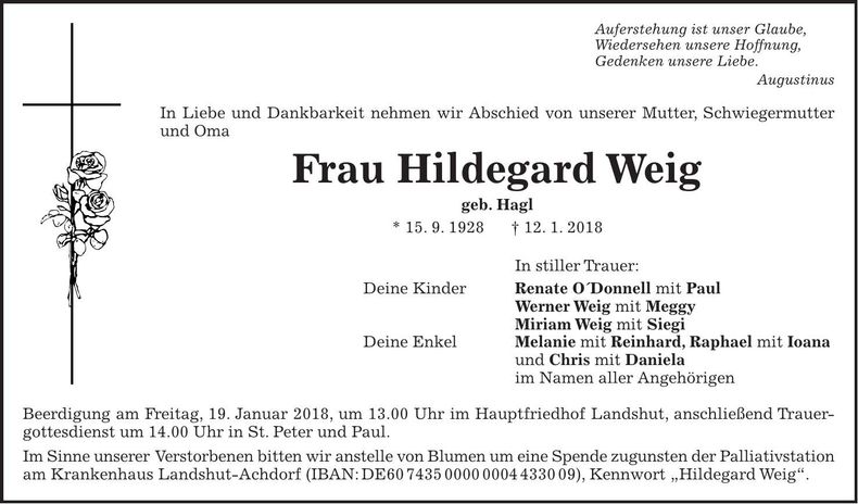 Traueranzeige Hildegard Weig