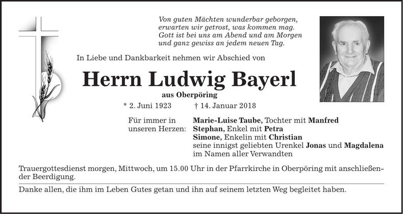 Traueranzeige Ludwig Bayerl