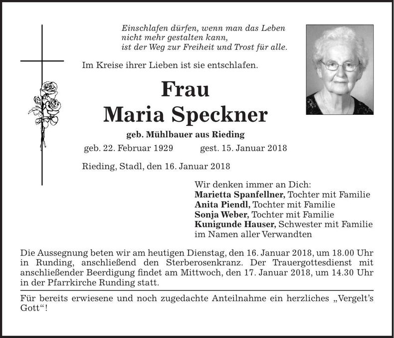 Traueranzeige Maria Speckner