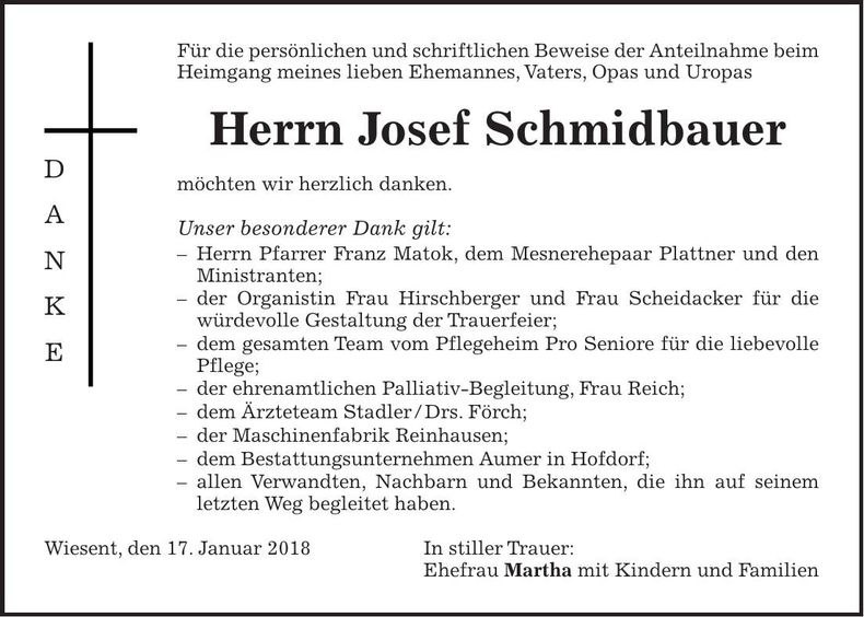 Traueranzeige Josef Schmidbauer