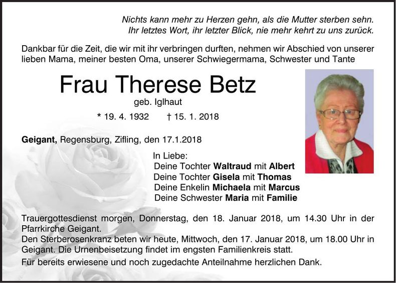 Traueranzeige Therese Betz