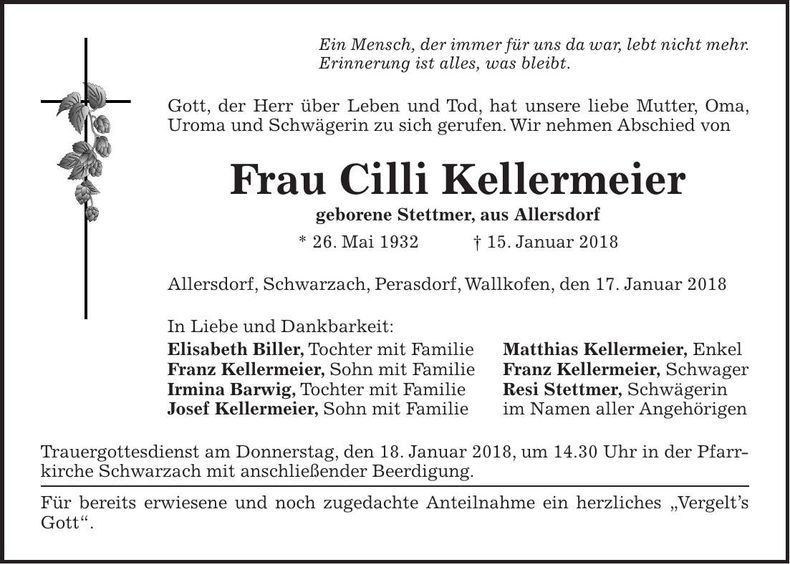 Traueranzeige Cilli Kellermeier