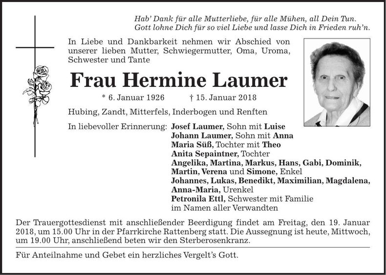 Traueranzeige Hermine Laumer