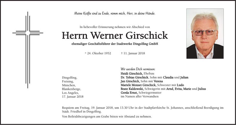 Traueranzeige Werner Girschick