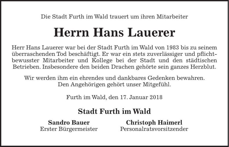 Traueranzeige Hans Lauerer