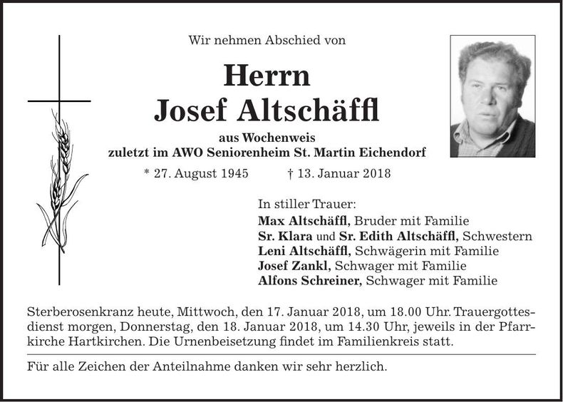 Traueranzeige Josef Altschäffl