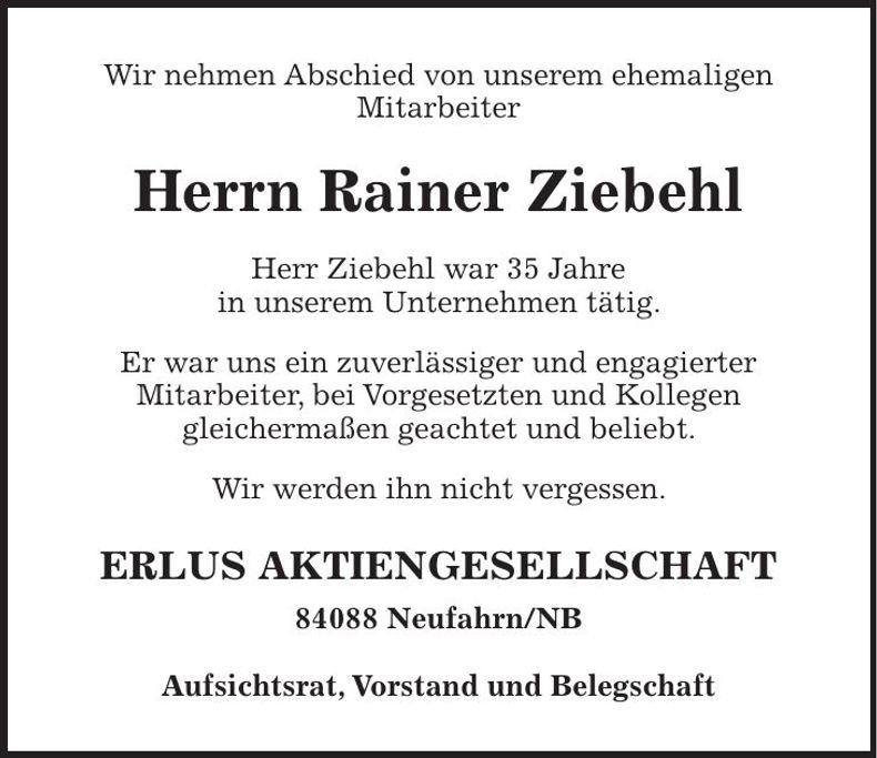 Traueranzeige Rainer Ziebehl