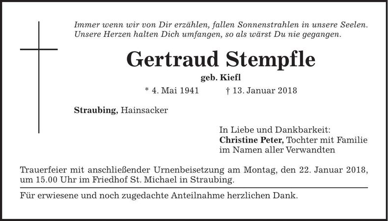 Traueranzeige Gertraud Stempfle