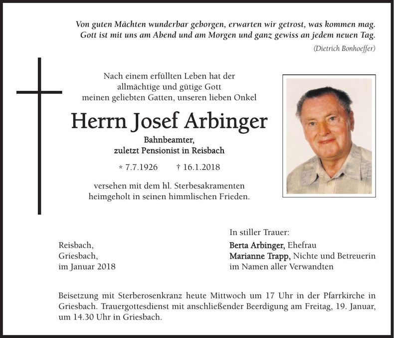 Traueranzeige Josef Arbinger