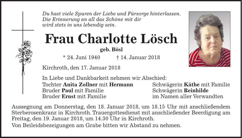 Traueranzeige Charlotte Lösch