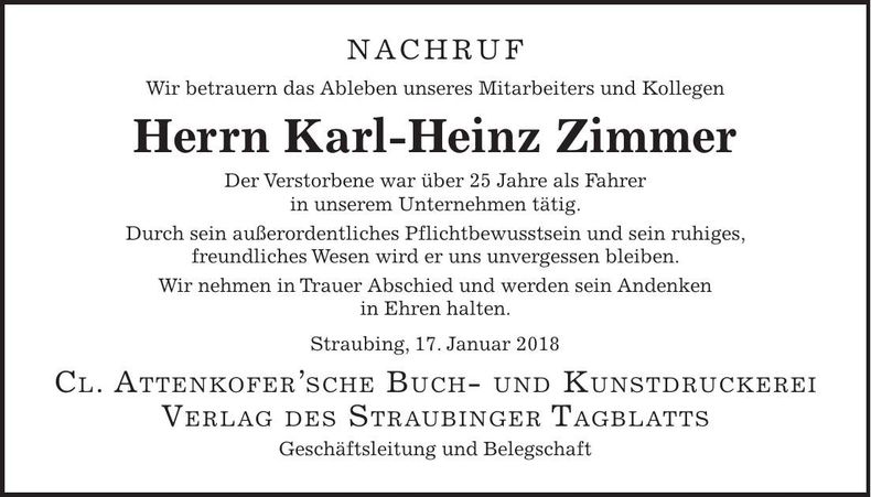 Traueranzeige Karl-Heinz Zimmer