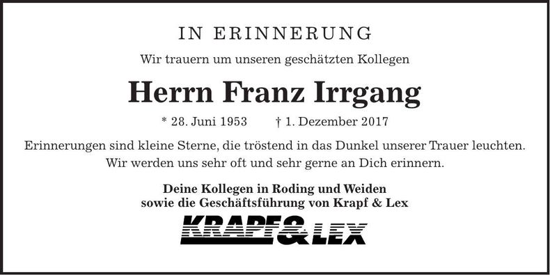 Traueranzeige Franz Irrgang