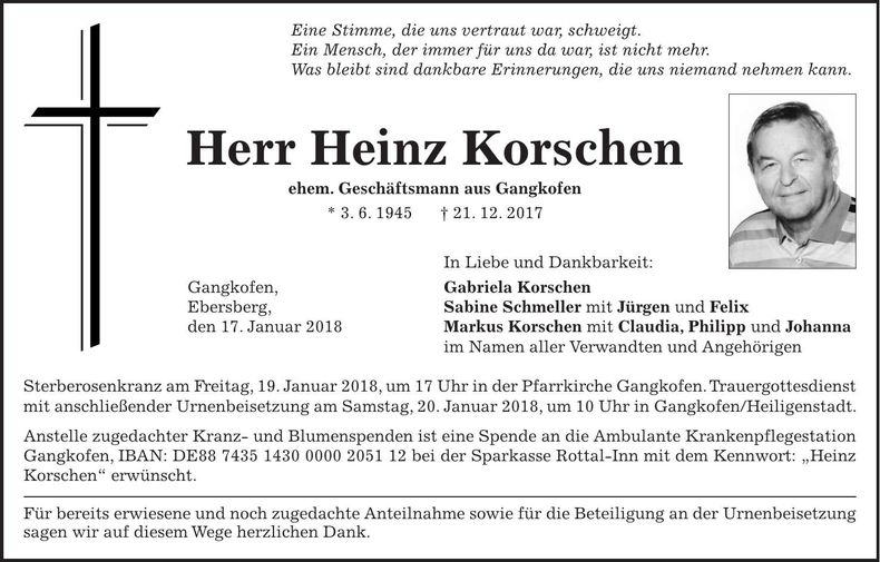 Traueranzeige Heinz Korschen