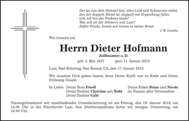 Traueranzeige Dieter Hofmann