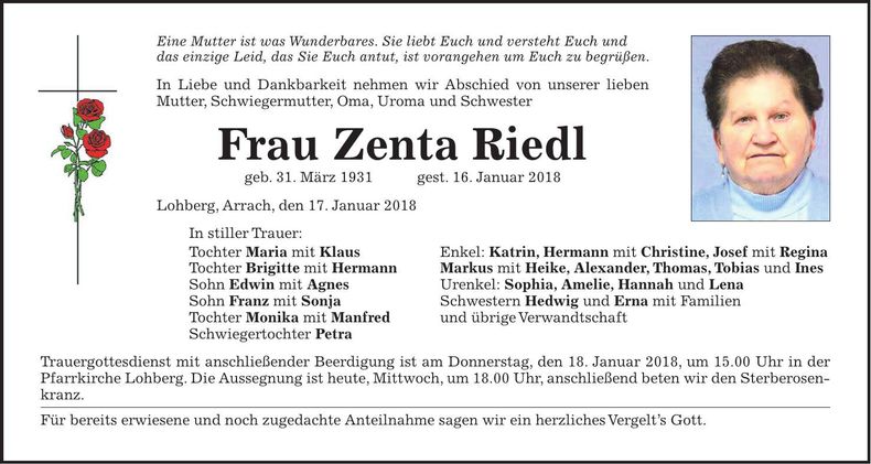 Traueranzeige Zenta Riedl
