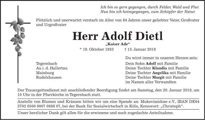 Traueranzeige Adolf Dietl