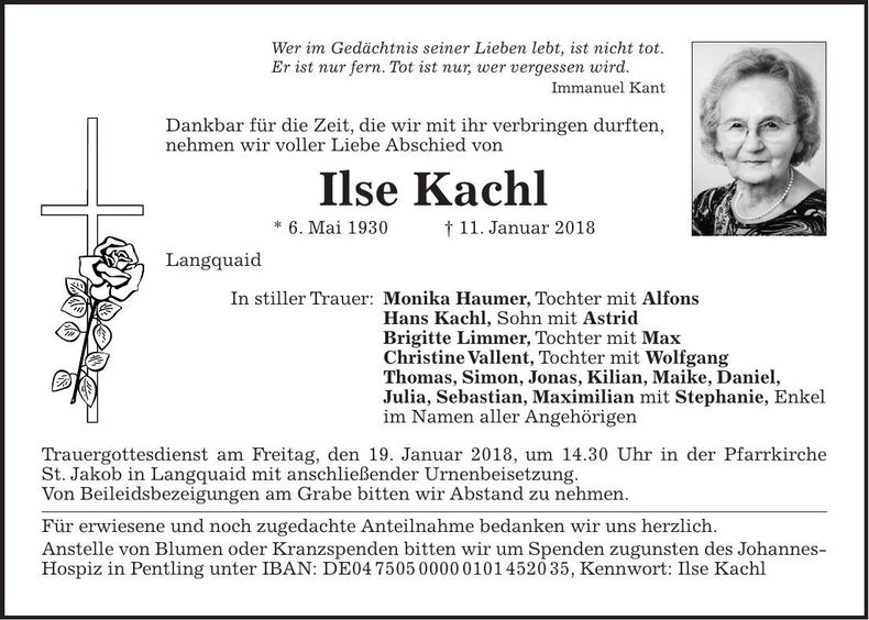 Traueranzeige Ilse Kachl