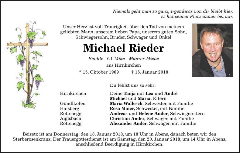Traueranzeige Michael Rieder