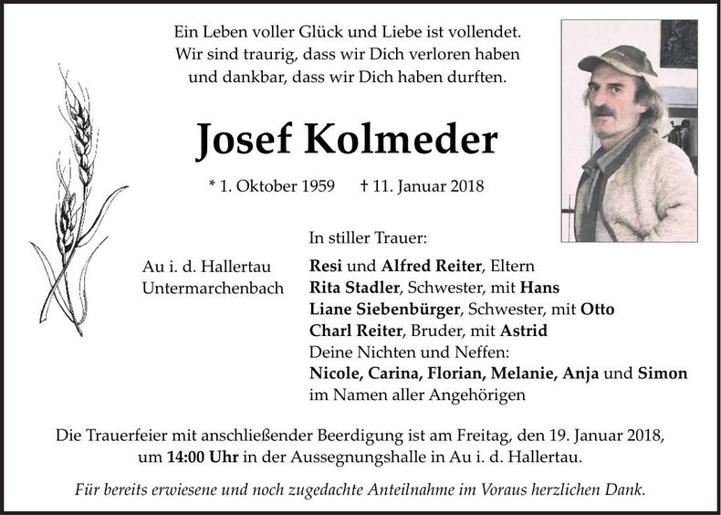 Traueranzeige Josef Kolmeder