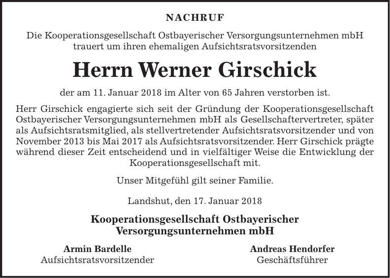 Traueranzeige Werner Girschick