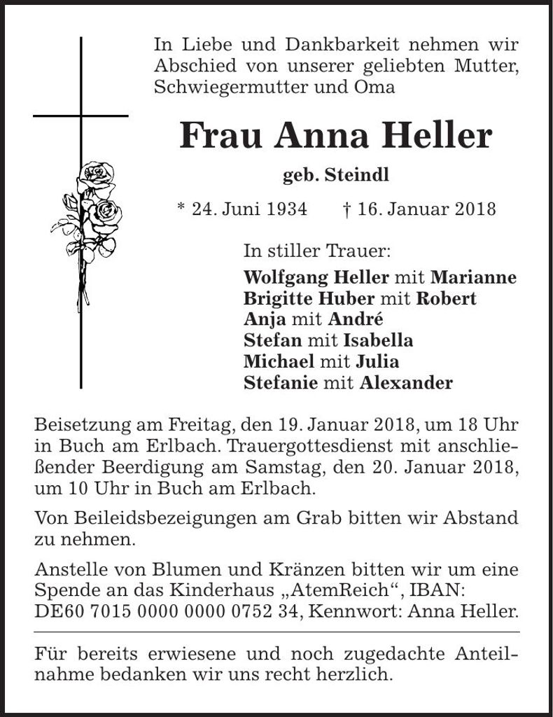 Traueranzeige Anna Heller