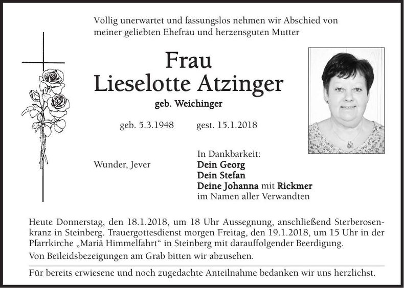 Traueranzeige Lieselotte Atzinger